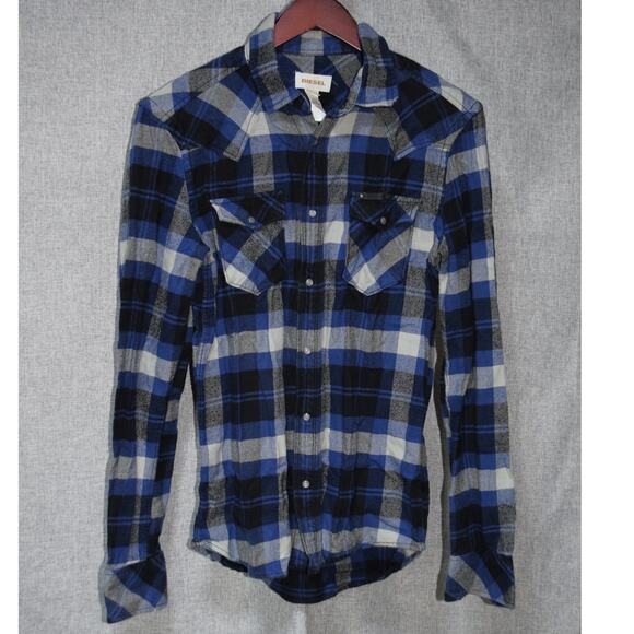 Diesel Other - Diesel Mens Medium Western Flannel Shirt Blue Black Plaid Snap Front